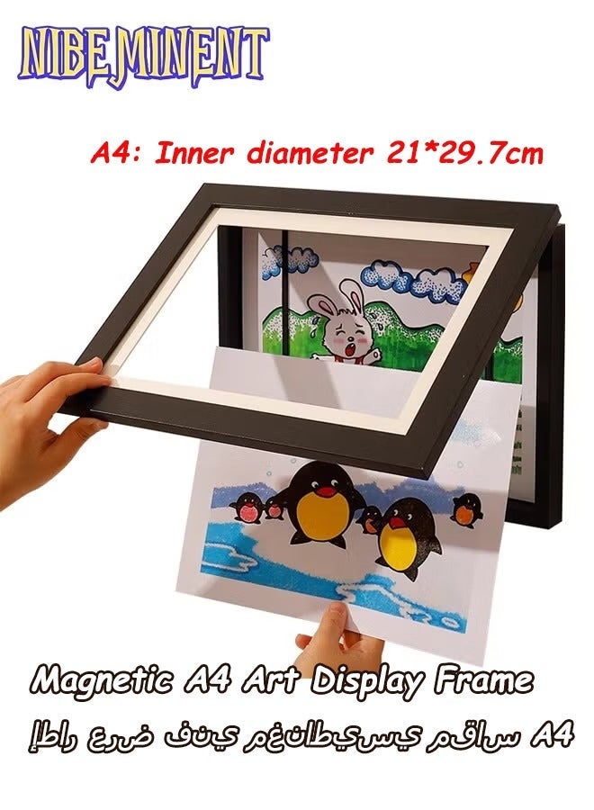 NIBEMINENT إطار عرض فني مغناطيسي A4 - فتح أمامي، تصميم قابل للطي لرسومات وصور الشباب - ديكور جداري متعدد الاستخدامات بموضوع كرتوني للمنزل والمكتب، فن جداري كرتوني (أسود) - Image 1